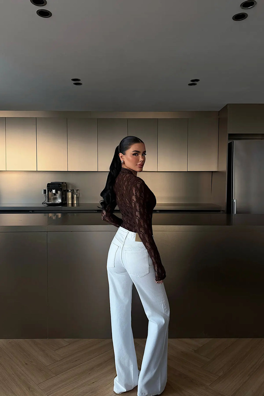 EYY Women Dark Brown Transparent Lace Blouse - Gijón