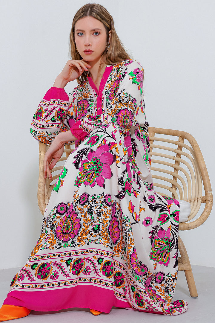 BGD Women Woman Fuchsia Cream Patterned Viscose Hijab Dress 2423 - Avondale