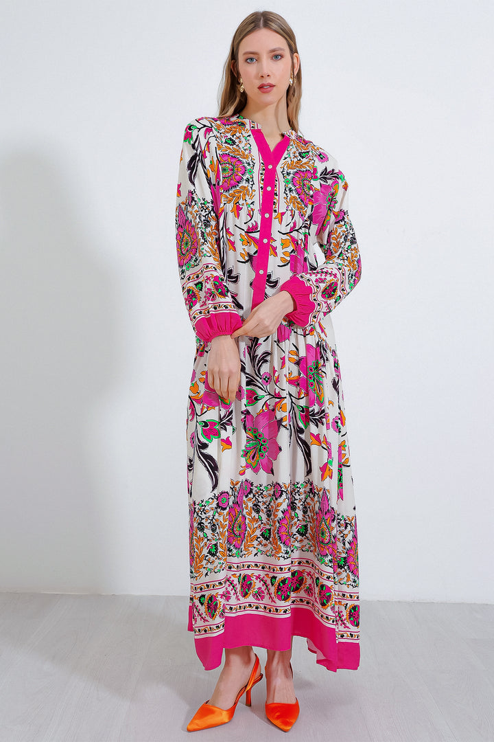 BGD Women Woman Fuchsia Cream Patterned Viscose Hijab Dress 2423 - Avondale