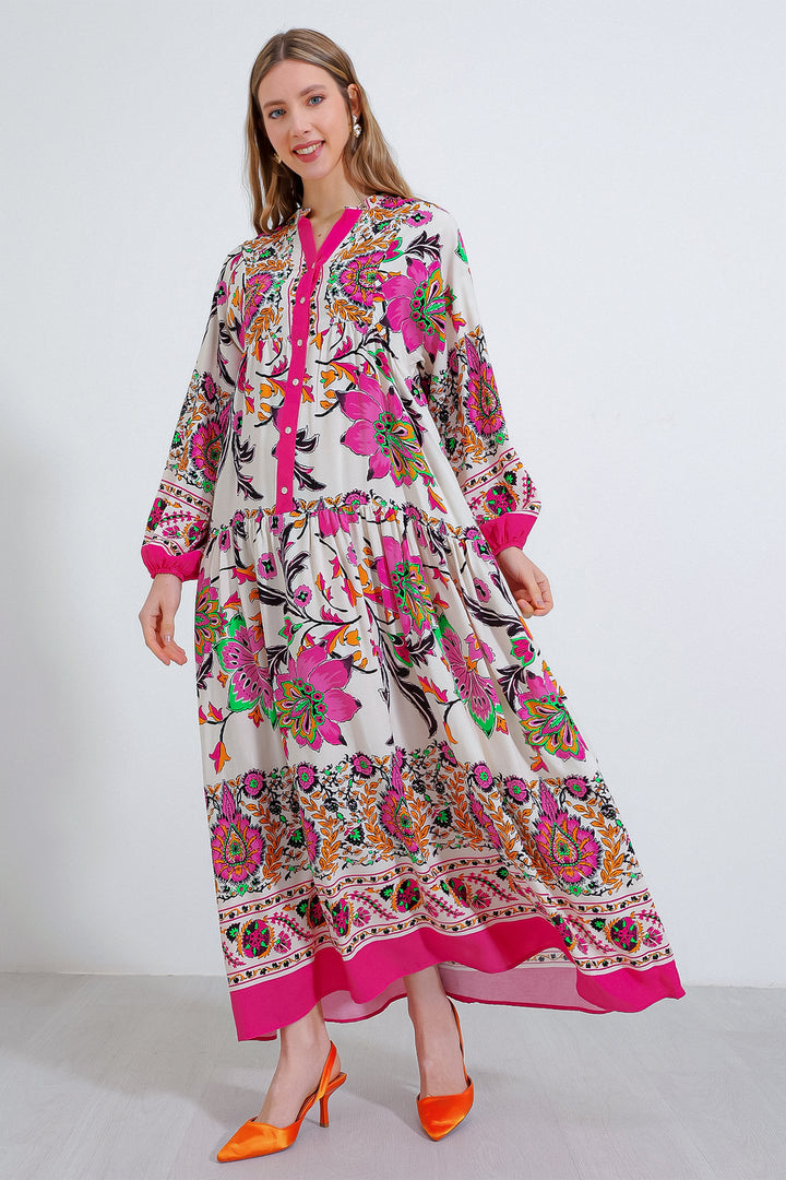 BGD Women Woman Fuchsia Cream Patterned Viscose Hijab Dress 2423 - Avondale