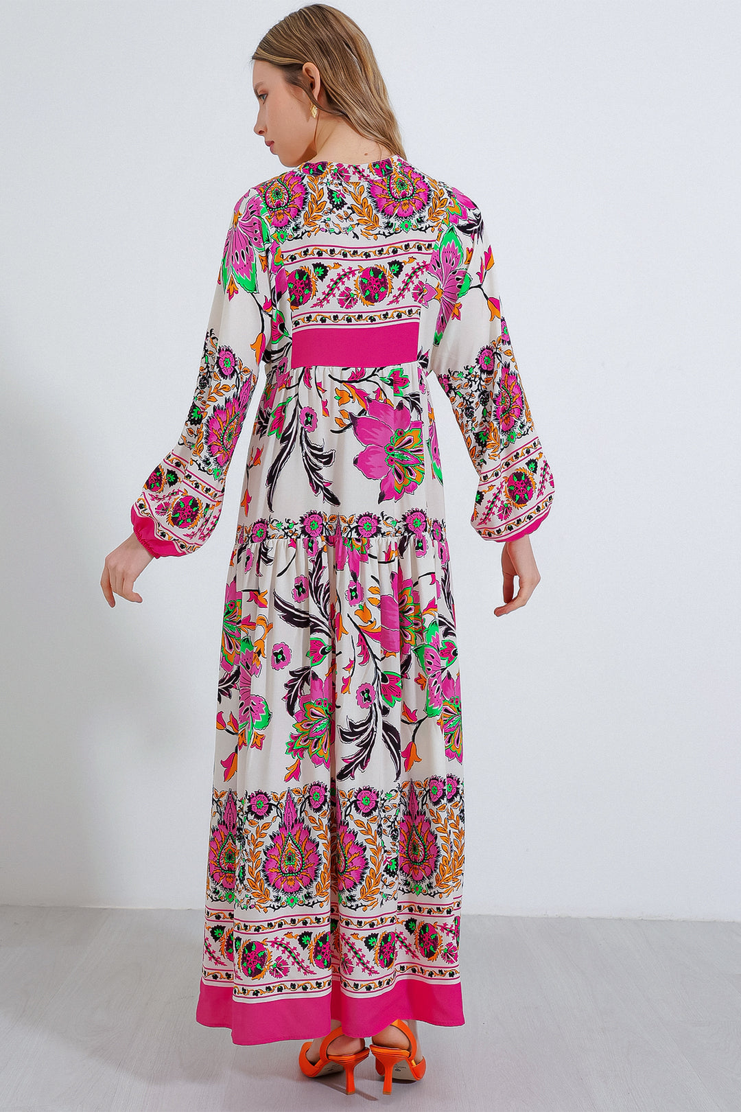 BGD Women Woman Fuchsia Cream Patterned Viscose Hijab Dress 2423 - Avondale