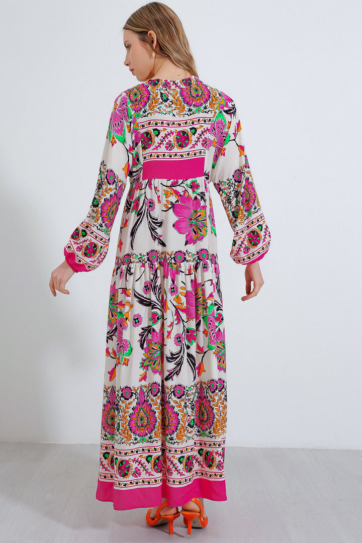 BGD Women Woman Fuchsia Cream Patterned Viscose Hijab Dress 2423 - Avondale