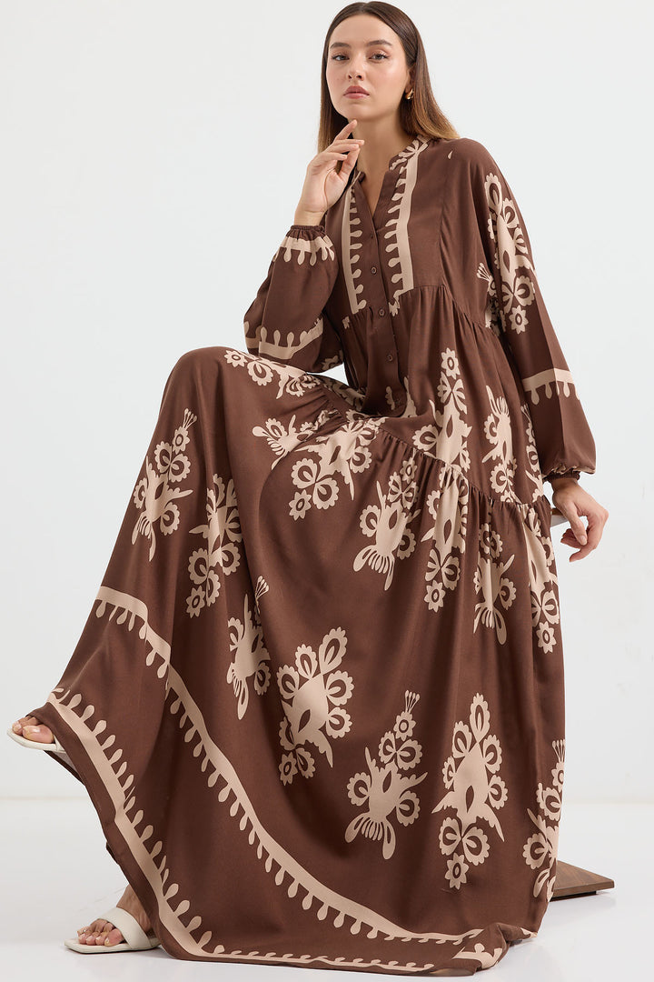 BGD Women Authentic Patterned Hijab Dress - Dark Brown - Ogden