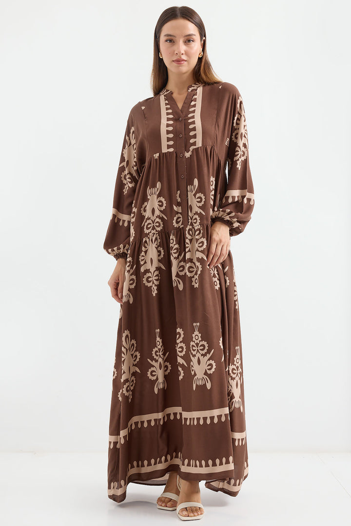 BGD Women Authentic Patterned Hijab Dress - Dark Brown - Ogden