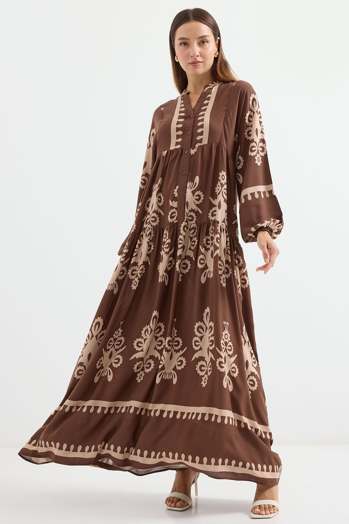 BGD Women Authentic Patterned Hijab Dress - Dark Brown - Ogden
