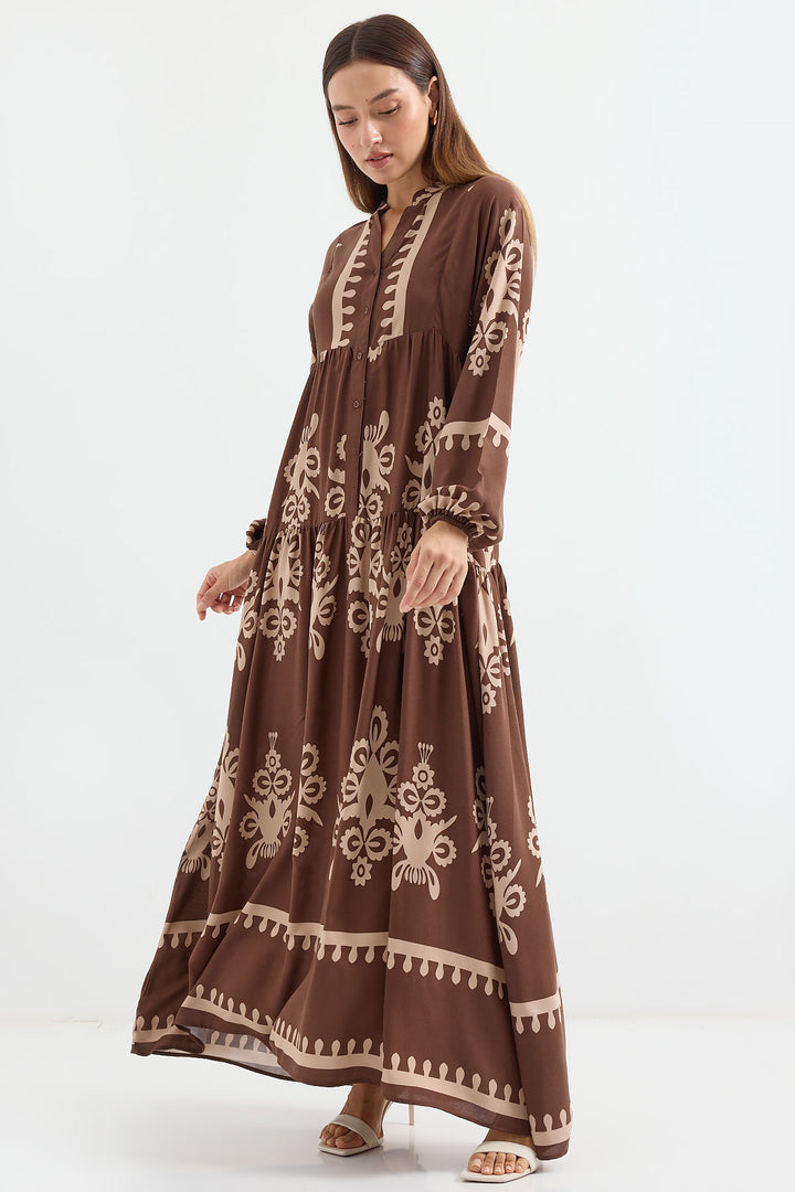 BGD Women Authentic Patterned Hijab Dress - Dark Brown - Ogden