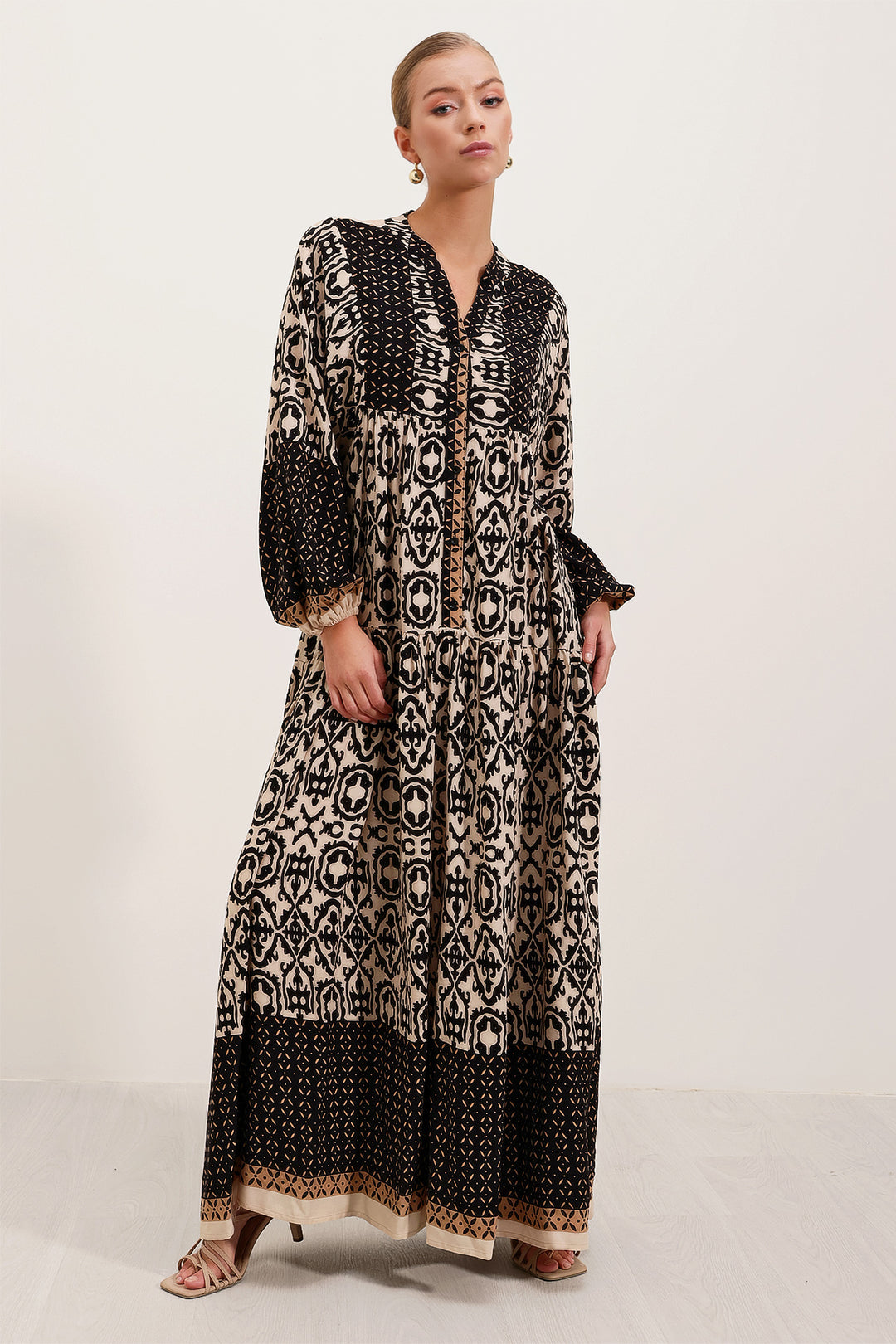 BGD Women Woman Black Beige Patterned Viscose Hijab Dress 2423 - Avondale