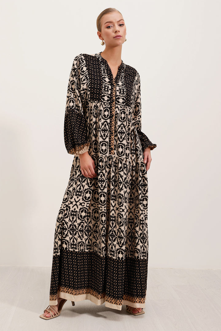 BGD Women Woman Black Beige Patterned Viscose Hijab Dress 2423 - Avondale
