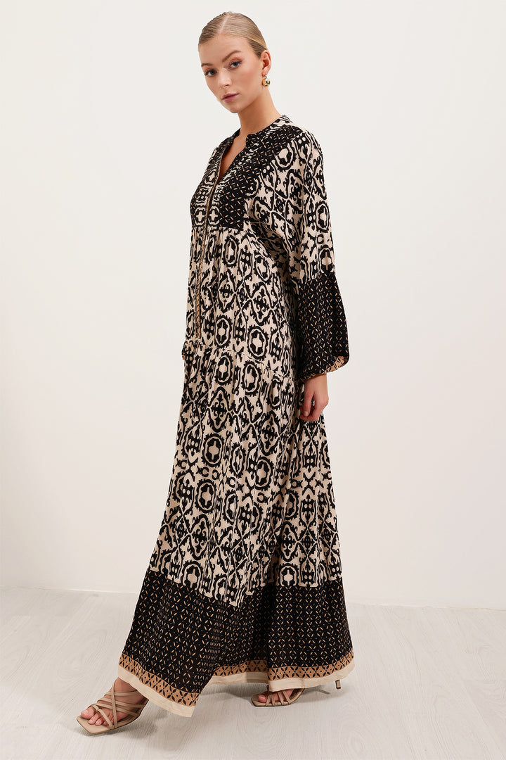 BGD Women Woman Black Beige Patterned Viscose Hijab Dress 2423 - Avondale
