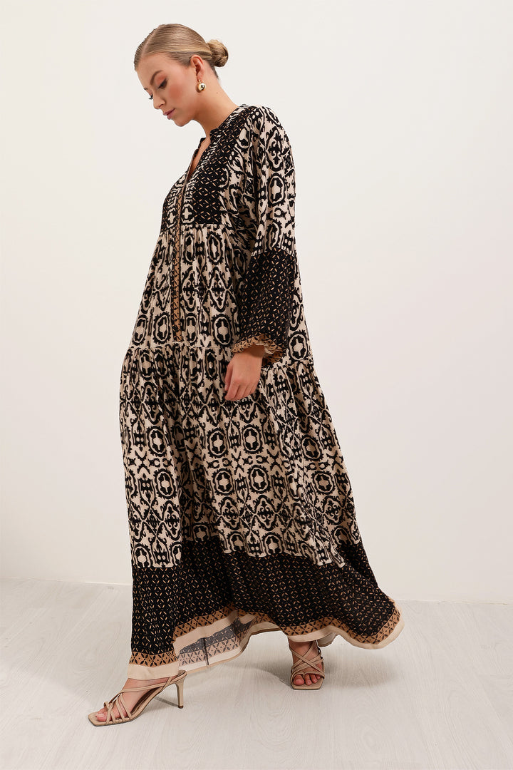 BGD Women Woman Black Beige Patterned Viscose Hijab Dress 2423 - Avondale