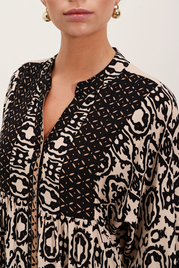BGD Women Woman Black Beige Patterned Viscose Hijab Dress 2423 - Avondale