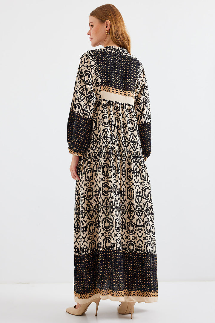 BGD Women Woman Black Beige Patterned Viscose Hijab Dress 2423 - Avondale