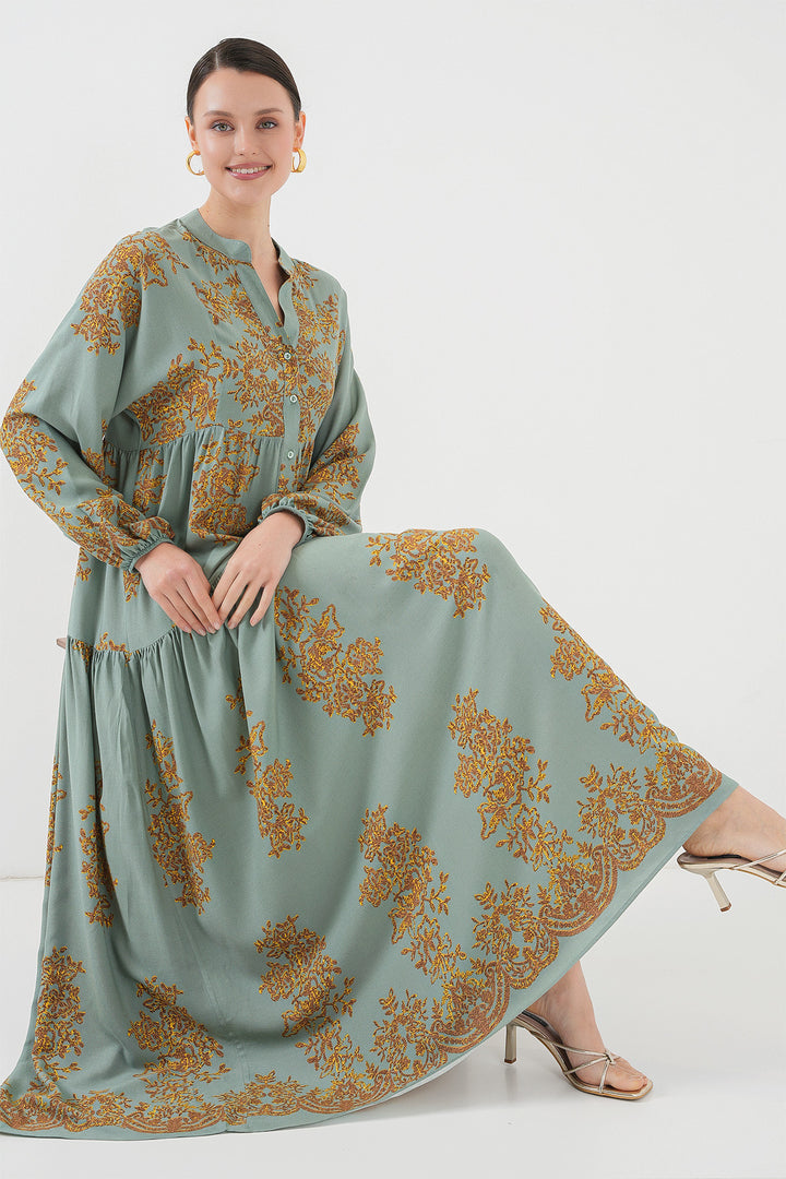 BGD Women Mint Gold Patterned Hijab Dress 2423 - Irpin