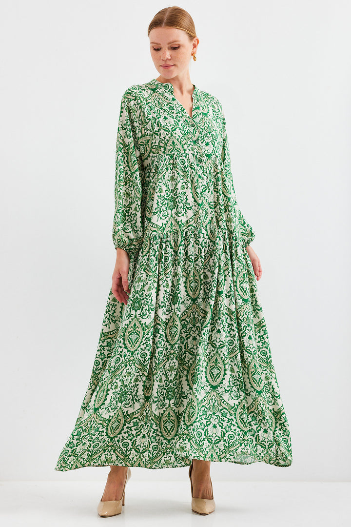 BGD Women Woman Patterned Green Cream Viscose Hijab Dress 2423 - Avondale