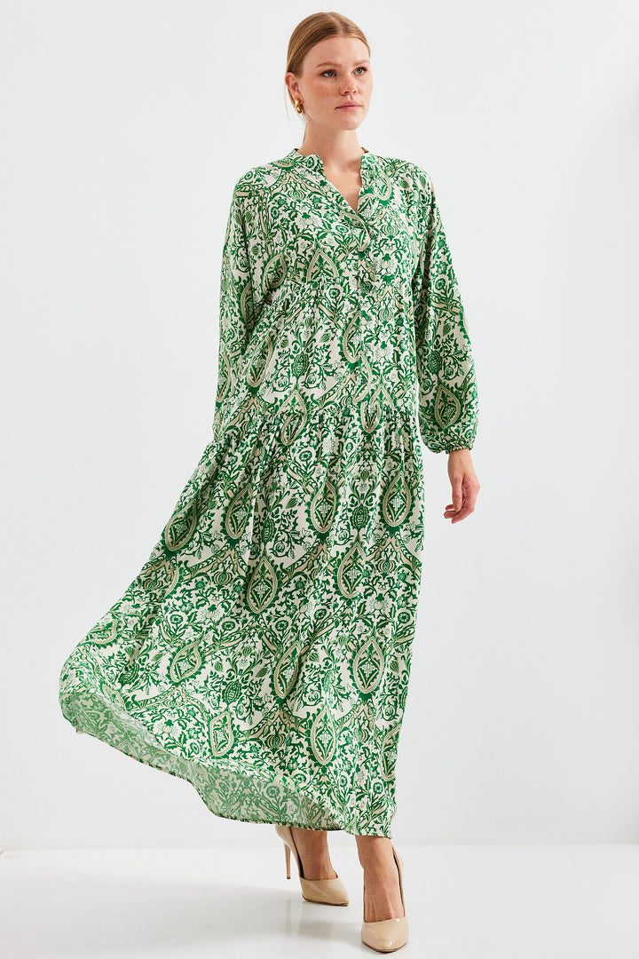 BGD Women Woman Patterned Green Cream Viscose Hijab Dress 2423 - Avondale