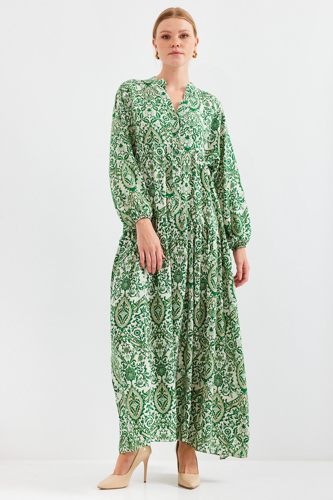 BGD Women Woman Patterned Green Cream Viscose Hijab Dress 2423 - Avondale