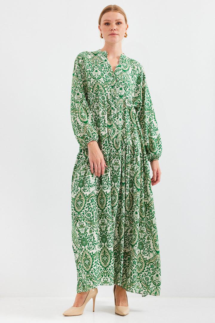 BGD Women Woman Patterned Green Cream Viscose Hijab Dress 2423 - Avondale