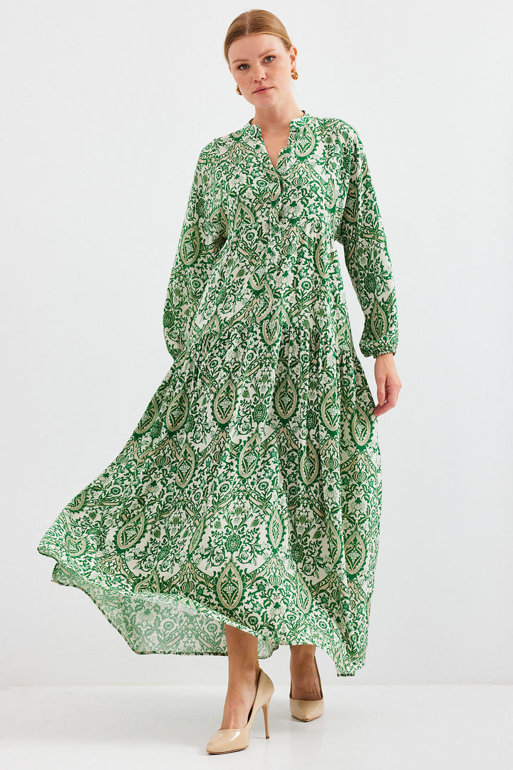 BGD Women Woman Patterned Green Cream Viscose Hijab Dress 2423 - Avondale