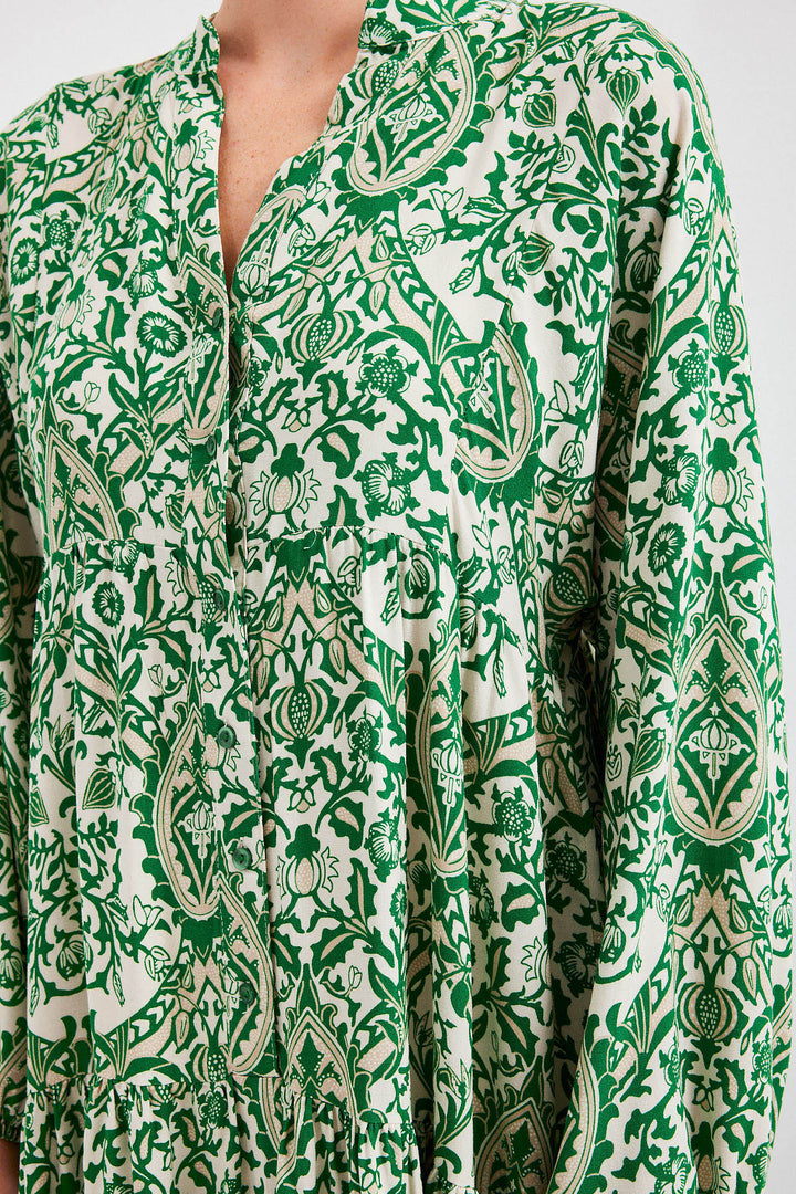 BGD Women Woman Patterned Green Cream Viscose Hijab Dress 2423 - Avondale