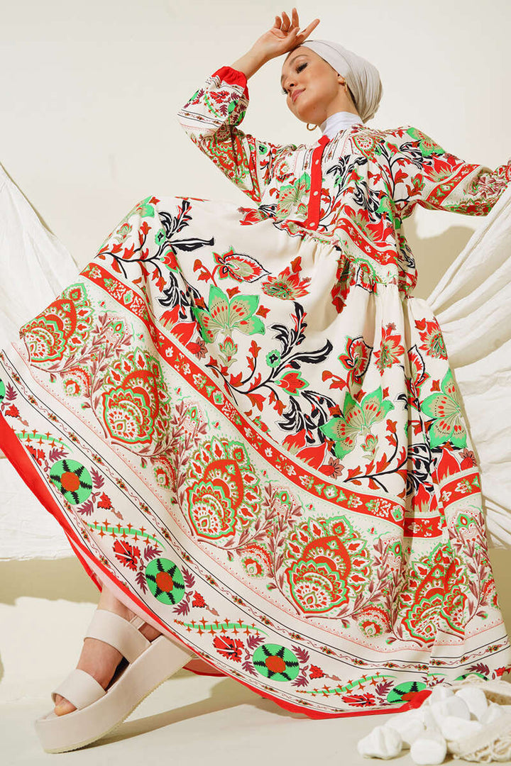 BGD Women Authentic Patterned Hijab Dress - Red - Cantù