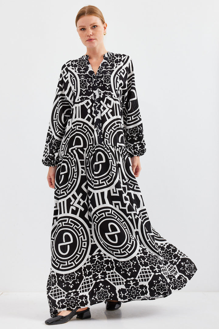 BGD Women Woman Patterned Black and White Viscose Hijab Dress 2423 - Avondale