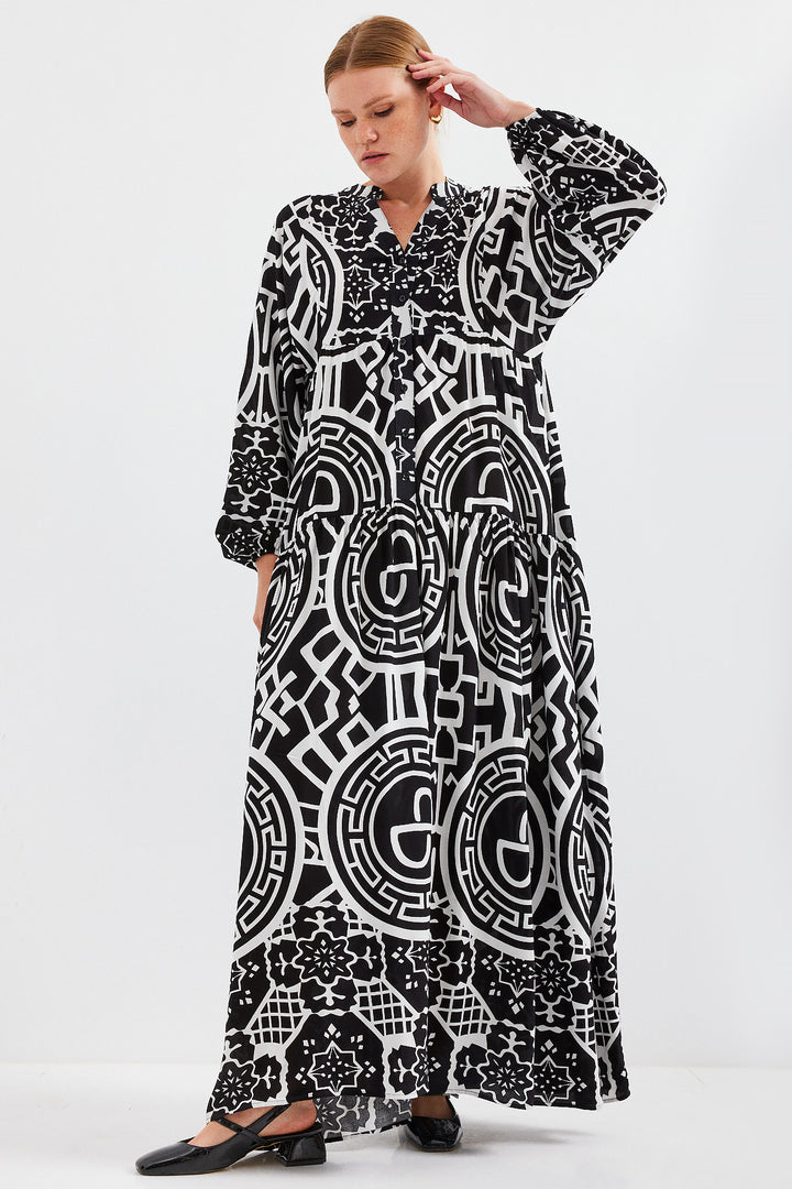 BGD Women Woman Patterned Black and White Viscose Hijab Dress 2423 - Avondale