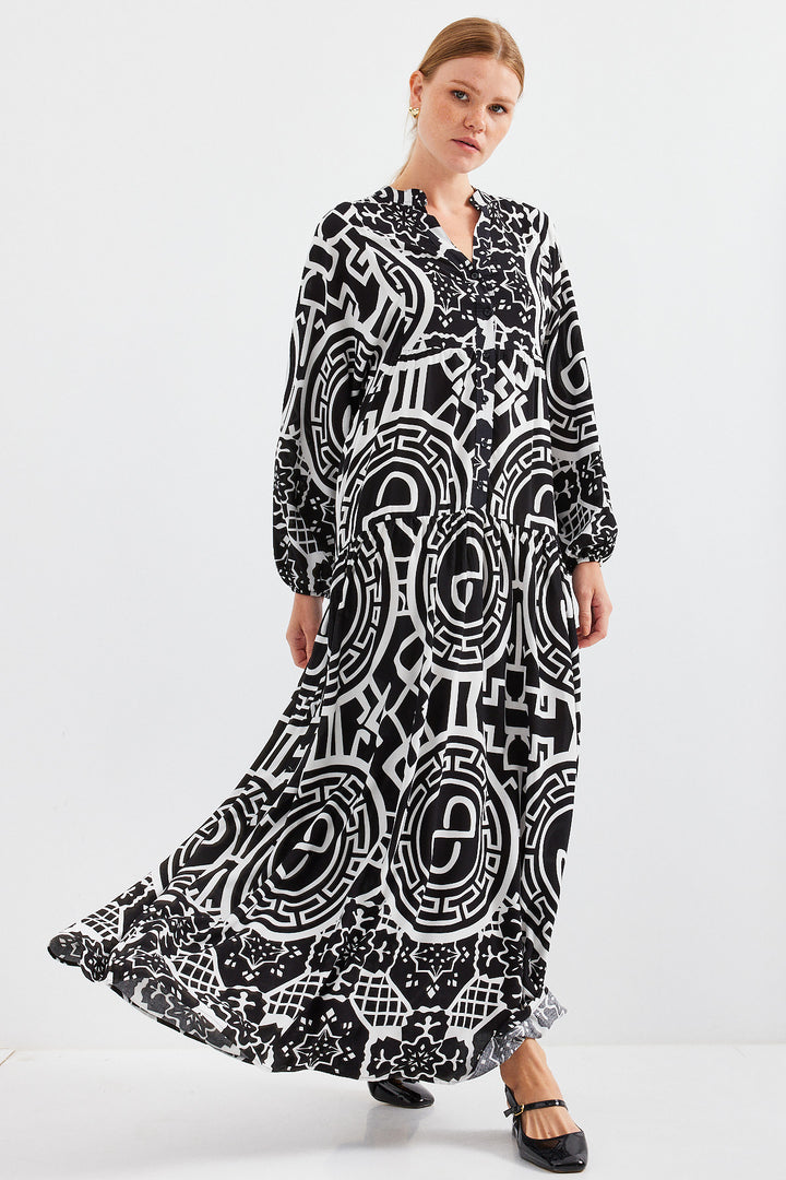 BGD Women Woman Patterned Black and White Viscose Hijab Dress 2423 - Avondale