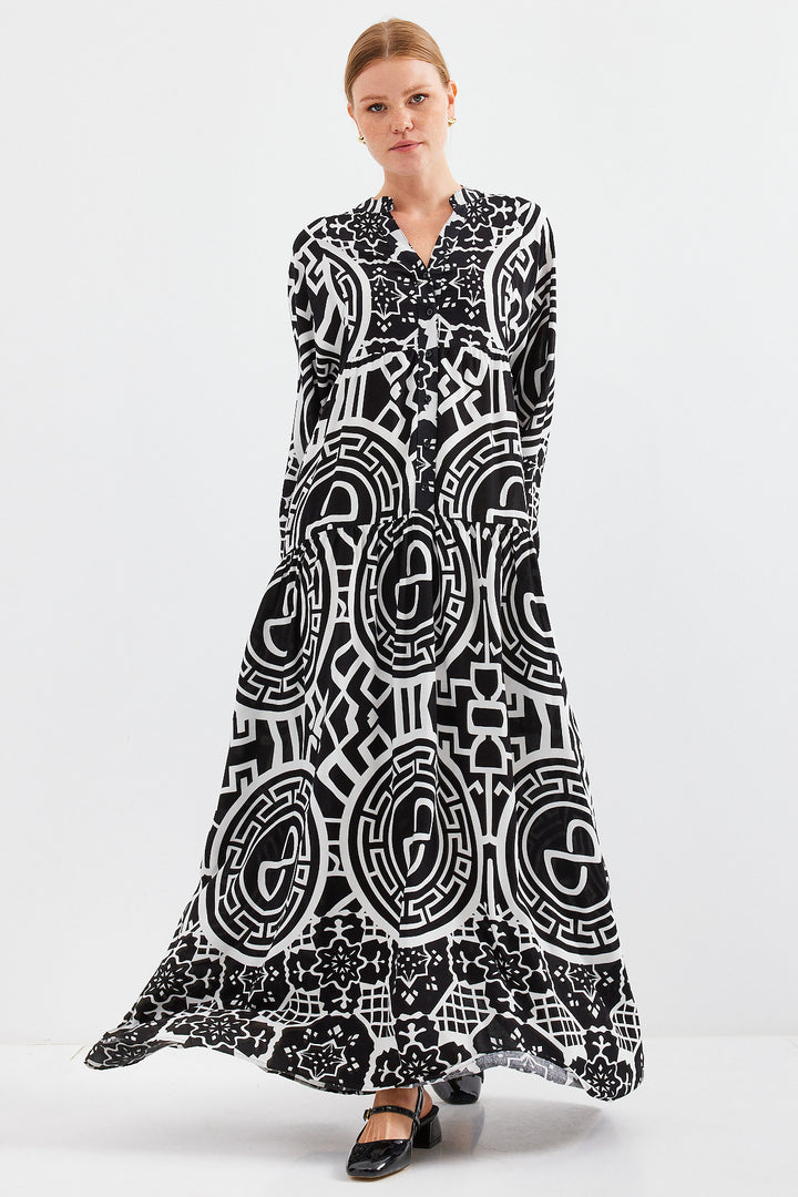 BGD Women Woman Patterned Black and White Viscose Hijab Dress 2423 - Avondale