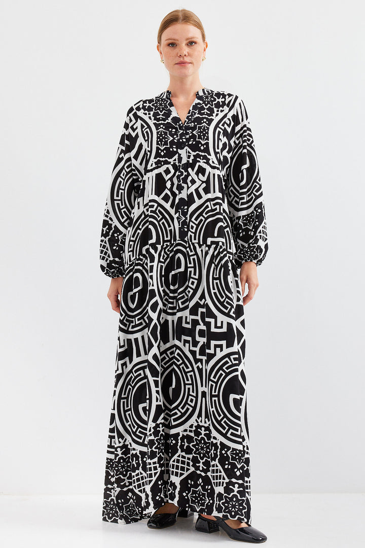 BGD Women Woman Patterned Black and White Viscose Hijab Dress 2423 - Avondale
