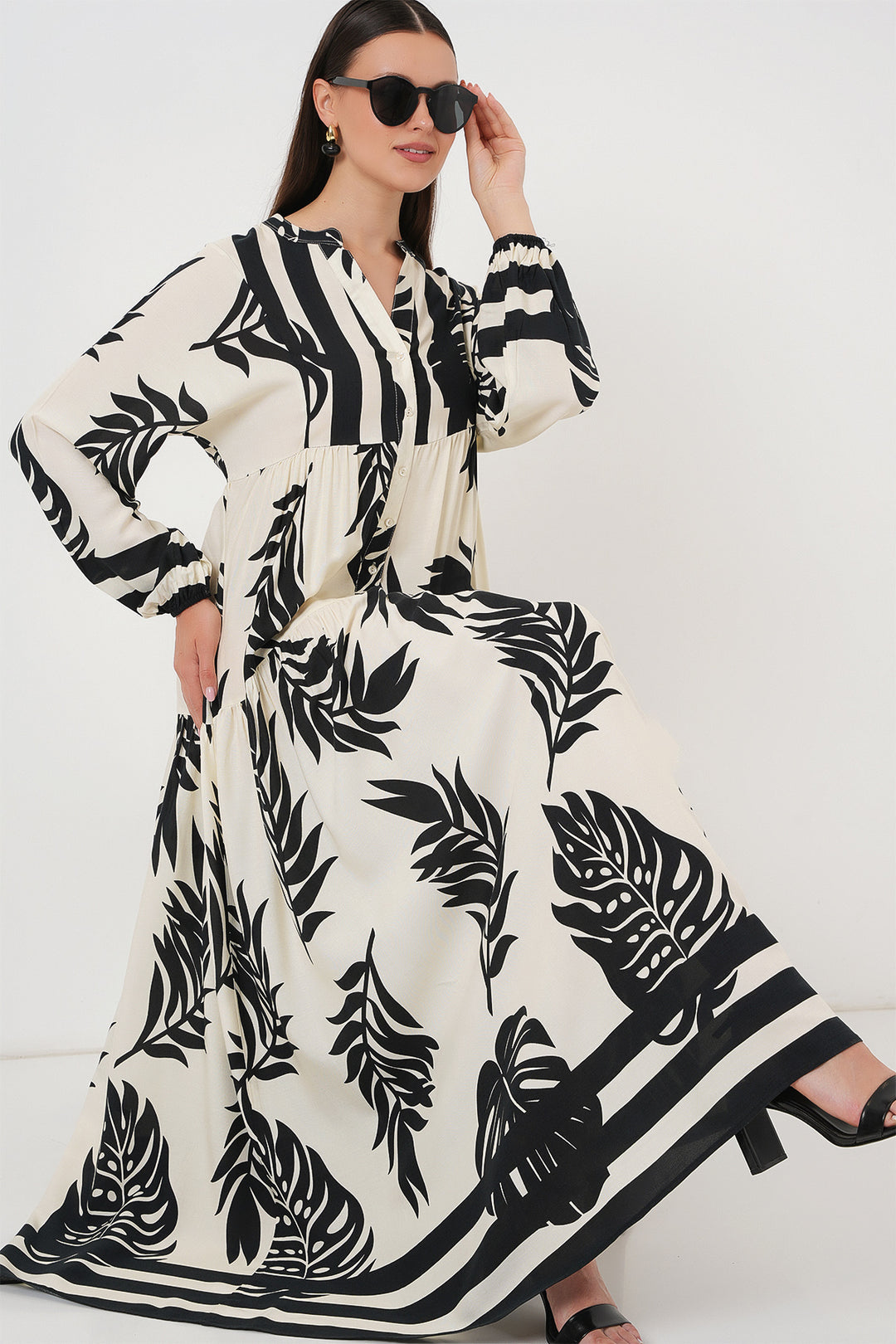 BGD Women Authentic Patterned Hijab Dress - Off-White - Zweibrücken