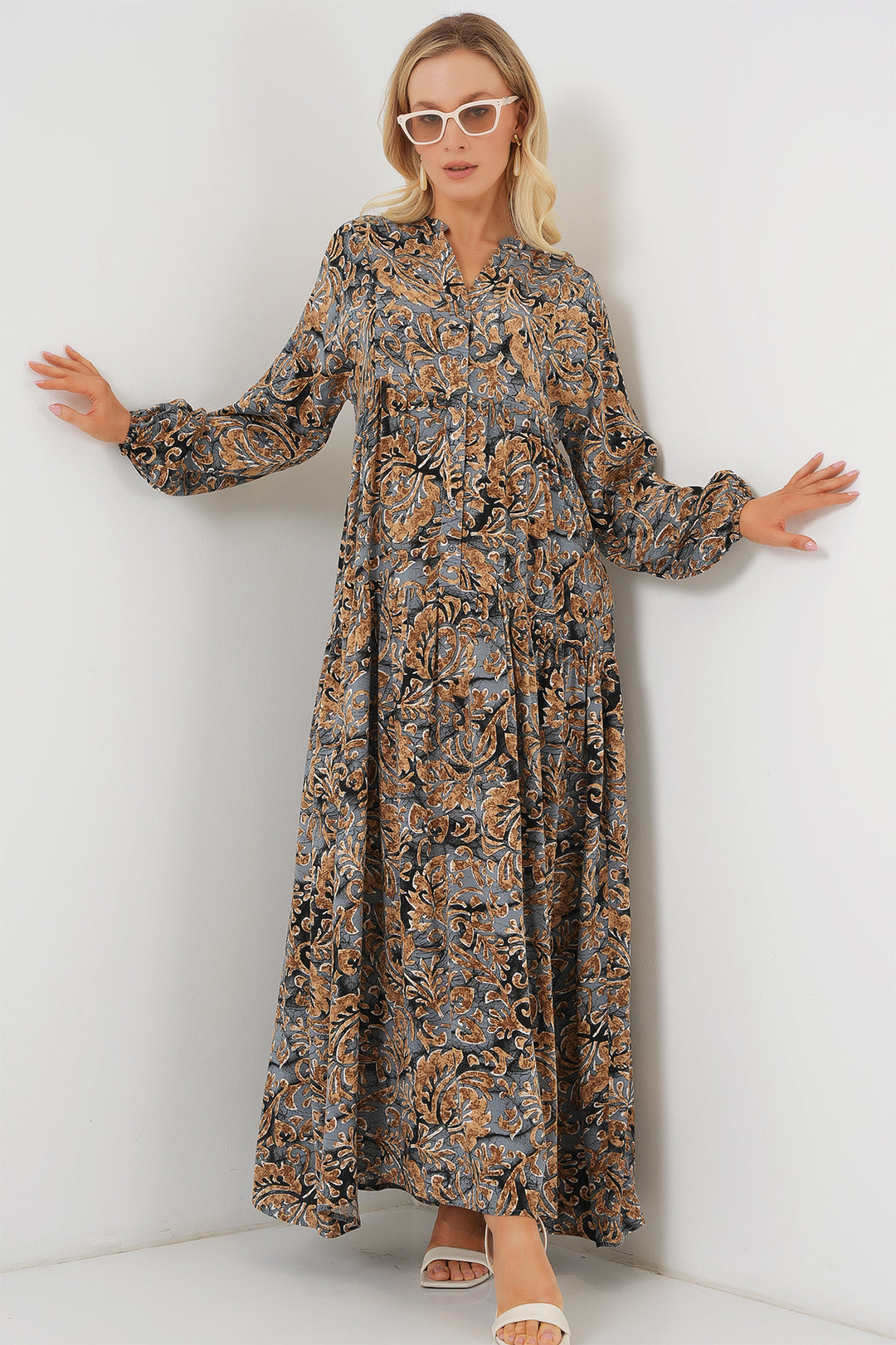BGD Women Authentic Patterned Hijab Dress - Ash Gray - Lakewood