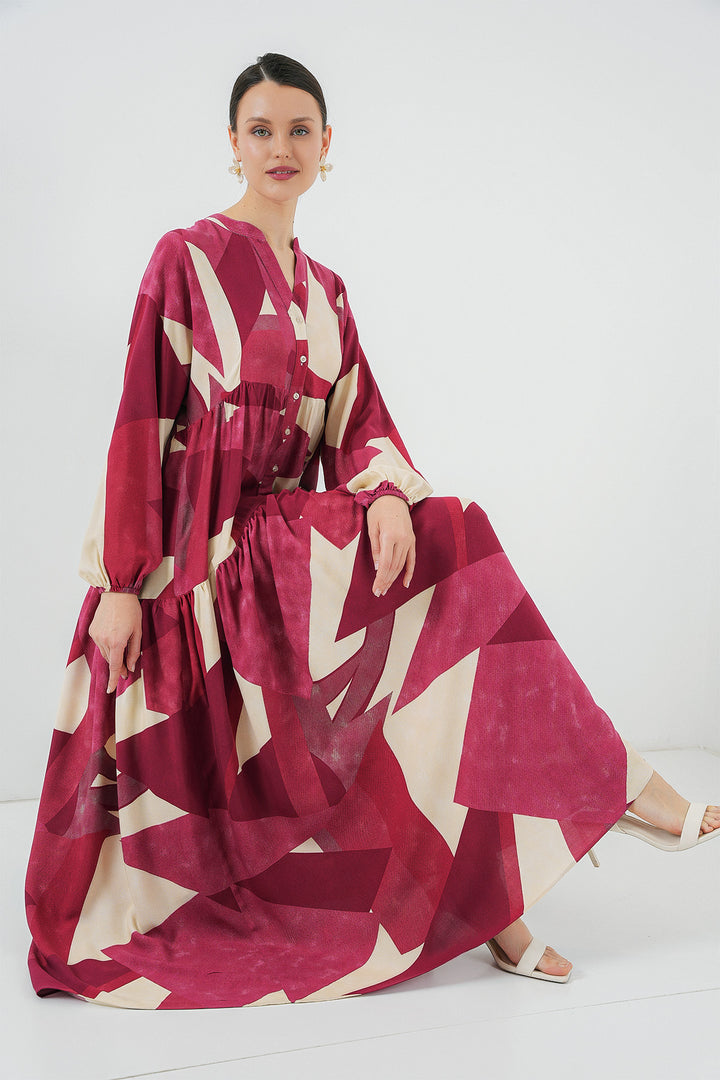 BGD Women Authentic Patterned Hijab Dress - Burgundy - Charlotte