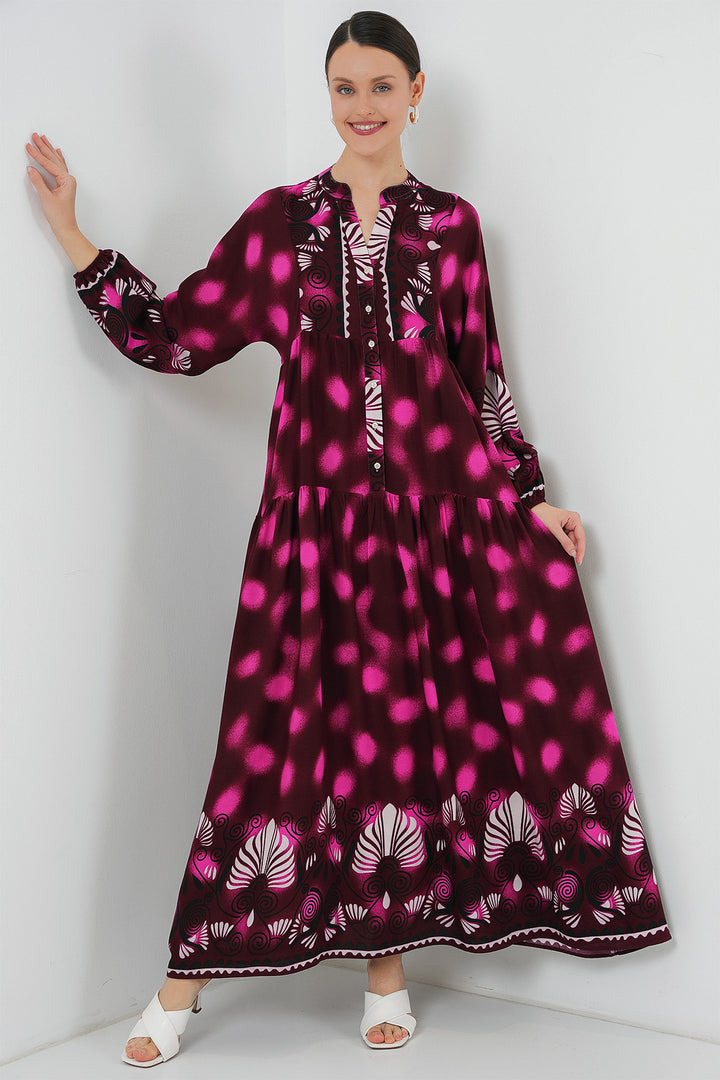 BGD Women Authentic Patterned Hijab Dress - Burgundy - Fuchsia - Courbevoic