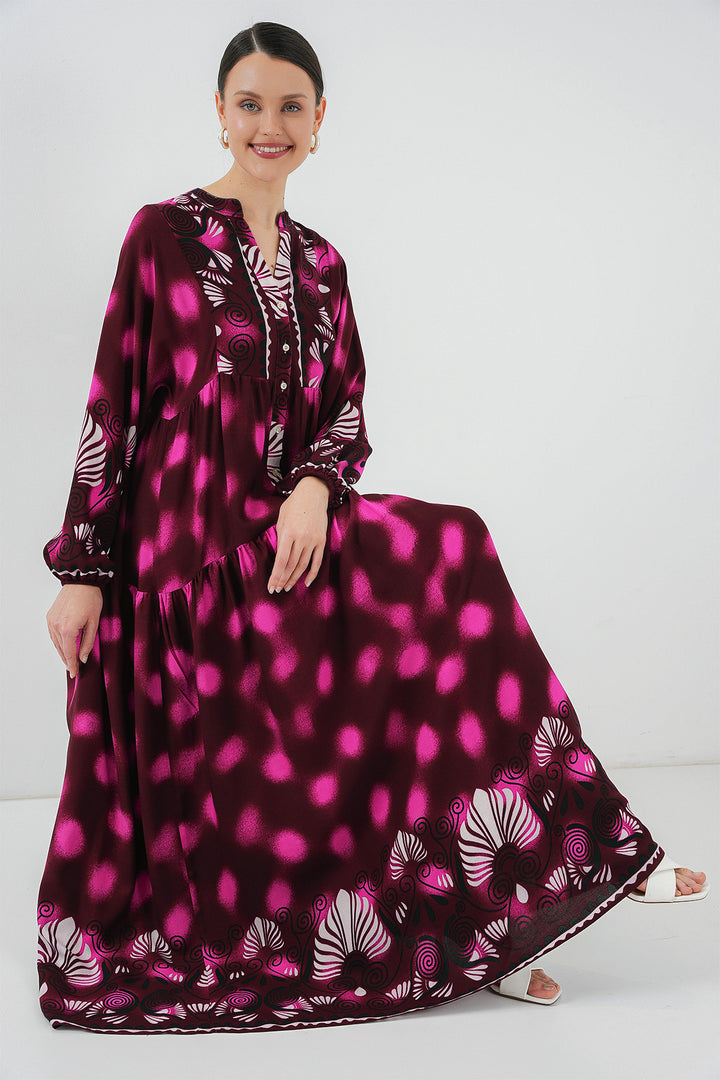 BGD Women Authentic Patterned Hijab Dress - Burgundy - Fuchsia - Courbevoic