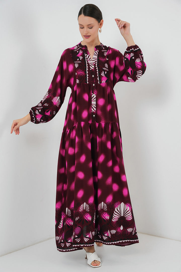 BGD Women Authentic Patterned Hijab Dress - Burgundy - Fuchsia - Courbevoic