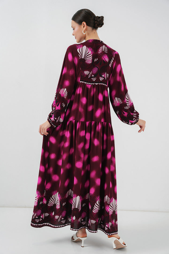BGD Women Authentic Patterned Hijab Dress - Burgundy - Fuchsia - Courbevoic
