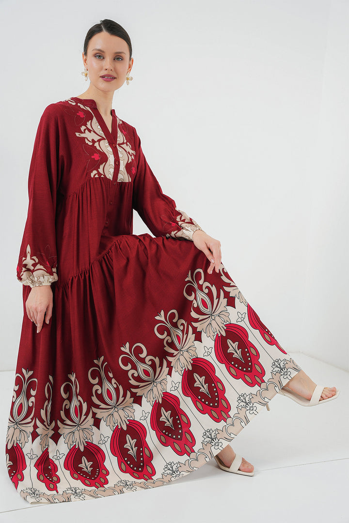 BGD Women Authentic Patterned Hijab Dress - Burgundy - Plano