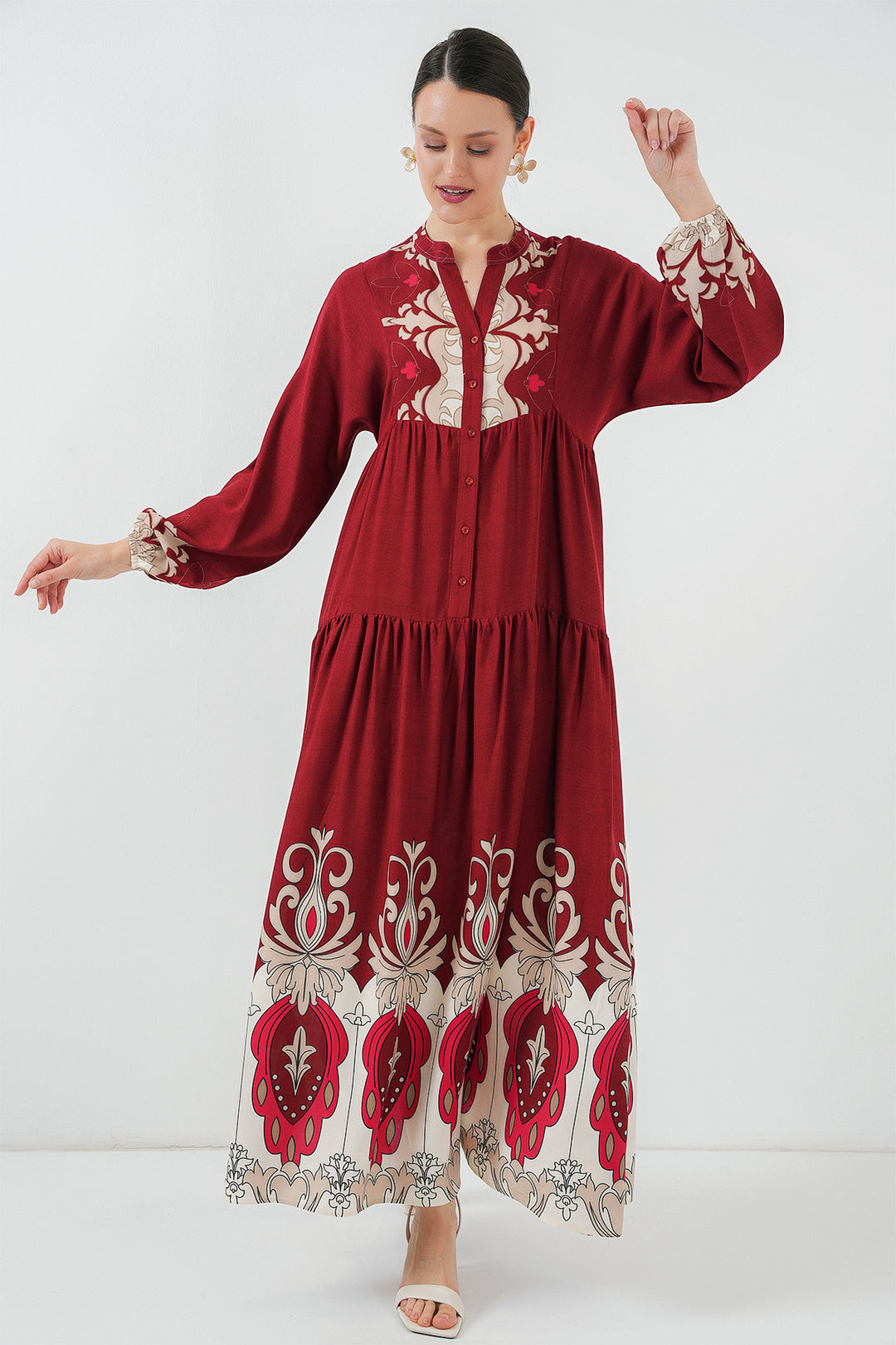BGD Women Authentic Patterned Hijab Dress - Burgundy - Plano