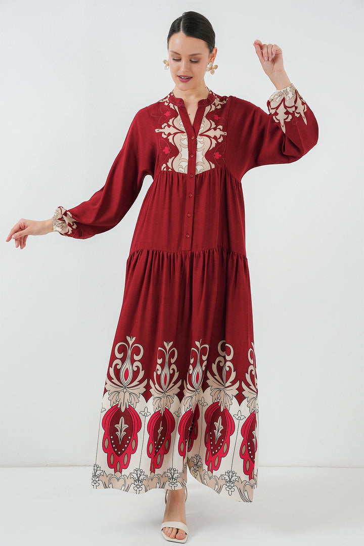 BGD Women Authentic Patterned Hijab Dress - Burgundy - Plano