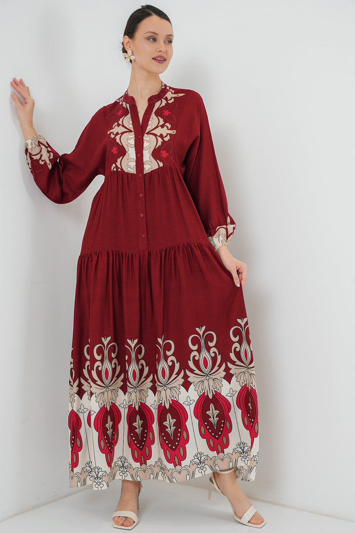 BGD Women Authentic Patterned Hijab Dress - Burgundy - Plano