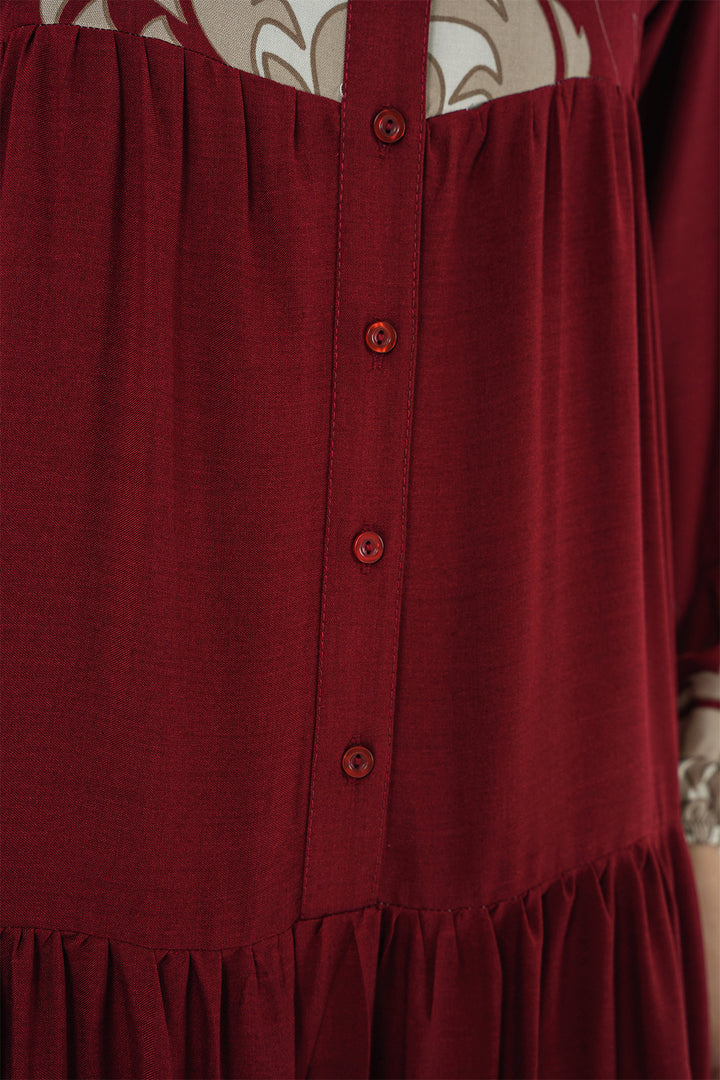 BGD Women Authentic Patterned Hijab Dress - Burgundy - Plano
