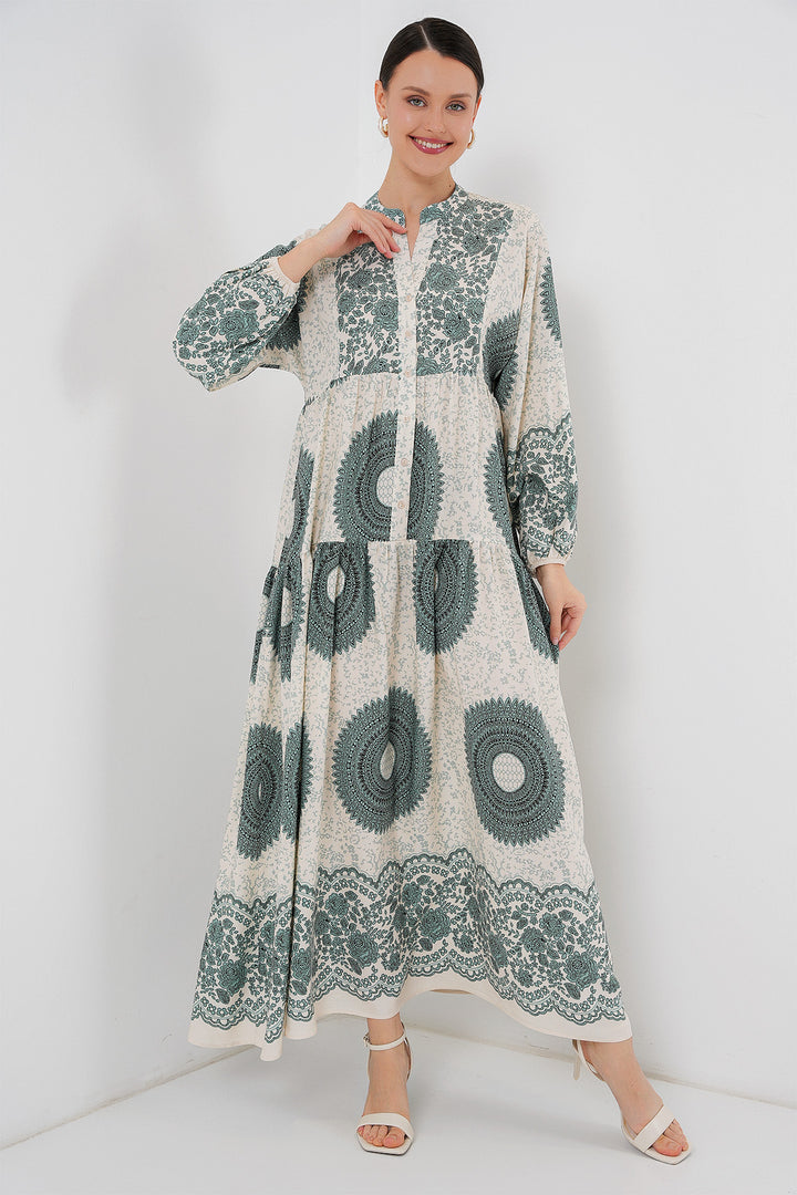 BGD Women Authentic Patterned Hijab Dress - C. Çağla - White Rock
