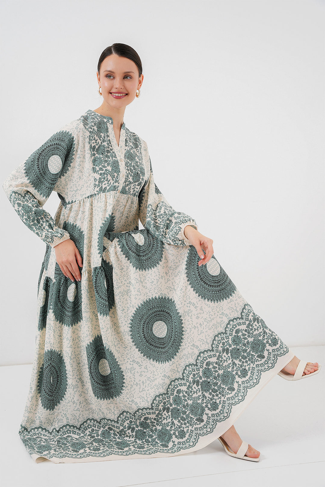BGD Women Authentic Patterned Hijab Dress - C. Çağla - White Rock