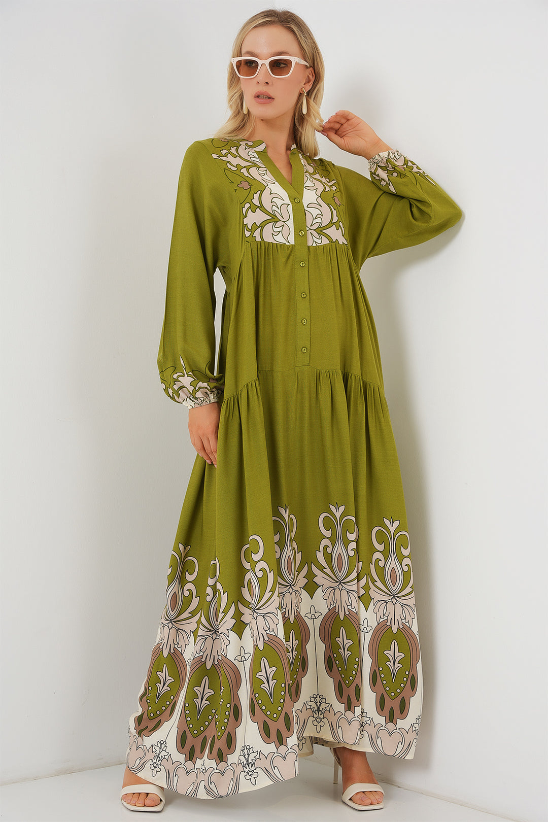 BGD Women Authentic Patterned Hijab Dress - Chartreuse Green - Worthing
