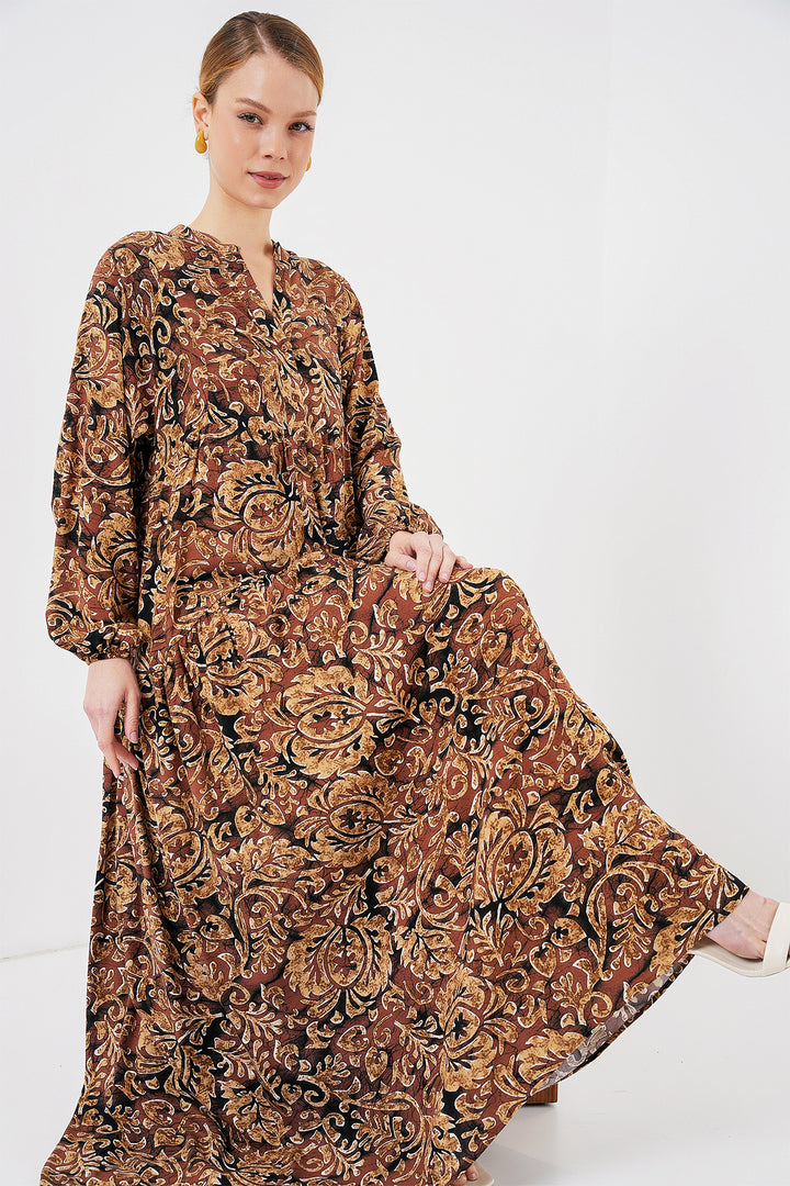 BGD Women Authentic Patterned Hijab Dress - Camel - Cascina