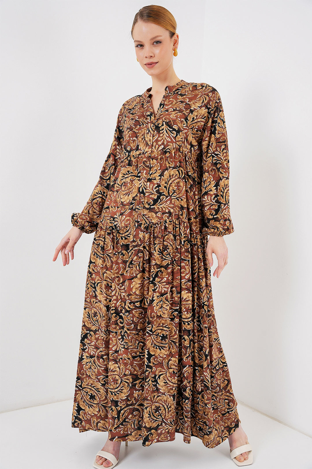 BGD Women Authentic Patterned Hijab Dress - Camel - Cascina