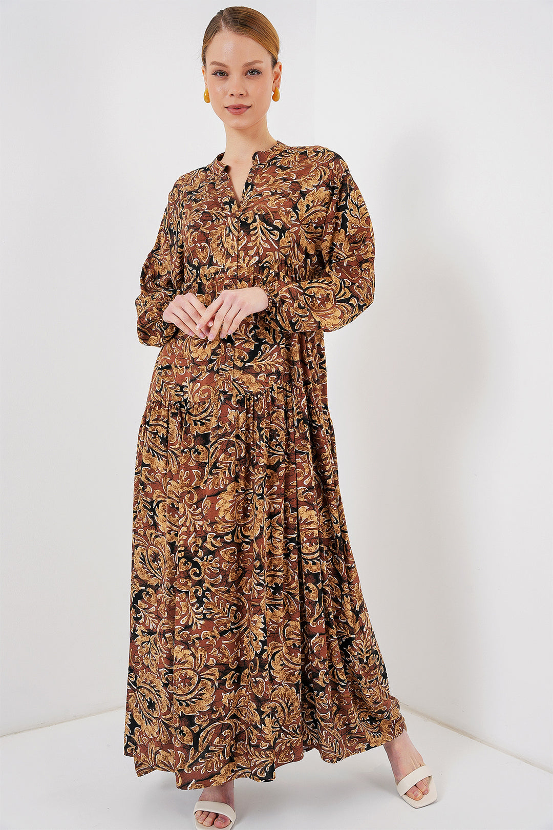 BGD Women Authentic Patterned Hijab Dress - Camel - Cascina