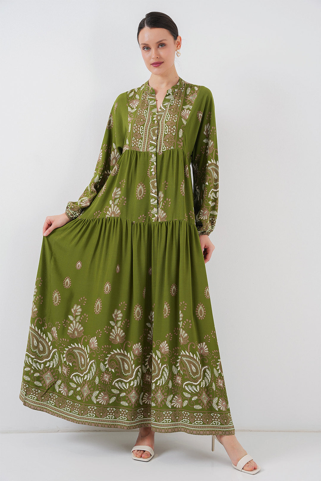 BGD Women Authentic Patterned Hijab Dress - Dark Khaki - Brighton