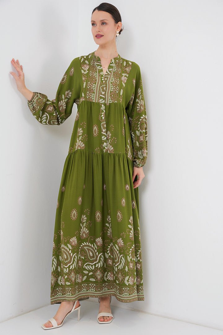 BGD Women Authentic Patterned Hijab Dress - Dark Khaki - Brighton