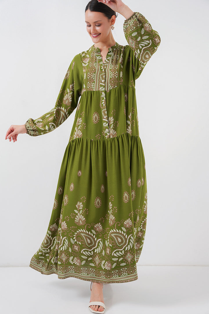 BGD Women Authentic Patterned Hijab Dress - Dark Khaki - Brighton